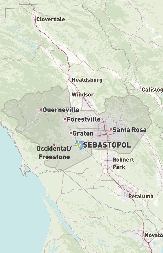 Map of Sebastopol City in Sonoma County, CA
