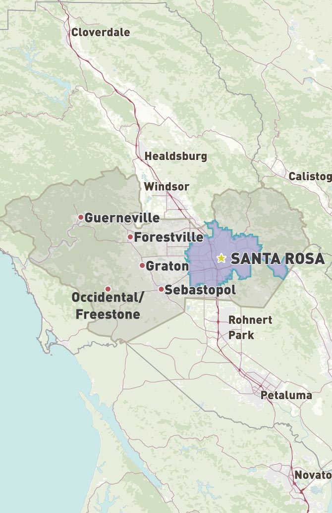 Map of Santa Rosa in Sonoma County, CA